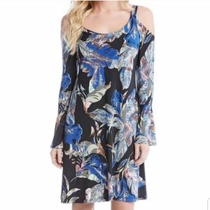 Karen Kane Rosewater tropical print cold shoulder flare sleeve dress